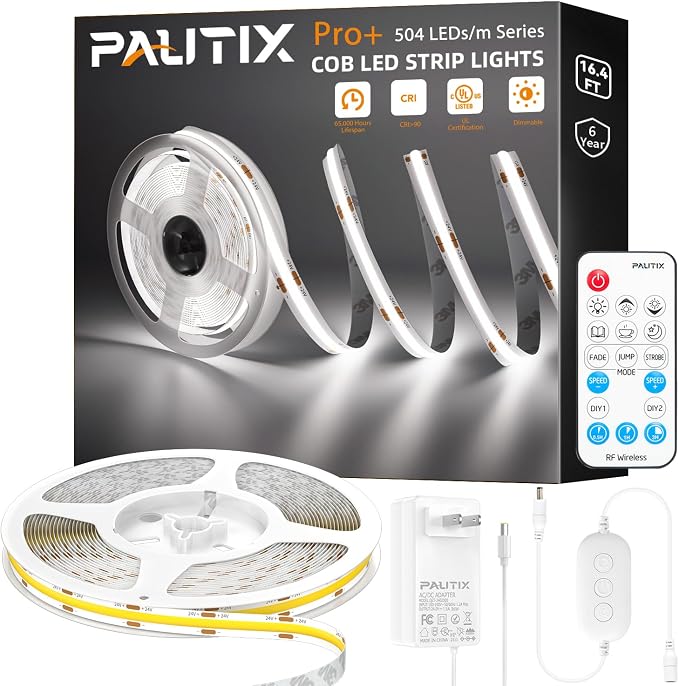 PAUTIX COB LED Strip Light Under Cabinet Lighting,White Led Strip Light 6500K,Dimmable Led Tape Lights Cool White with RF Remote,24V LED Tape,for Mirror,Stair,Kitchen,Desk,Closets