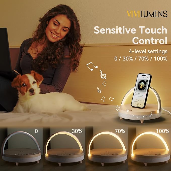 Vivilumens Birthday Gifts for Women 6 in 1 Bedside Lamps with Wireless Charger Bluetooth Speaker White Noise Machine Music Table Lamp Night Light Personalized Gift for Mom Teens Girls(Sound Upgrade