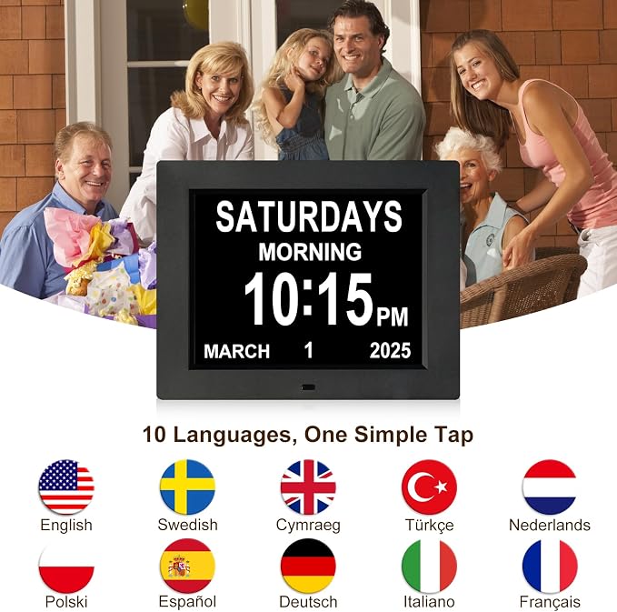 KASTISS 8 Inch Digital Calendar Alarm Day Clock, Large Digital Clock Easy-to-Read, Impaired Vision People, 12 Customizable Alarms, Dementia, Alzheimer’s, Elderly Care & Bedroom/Kitchen (Black)