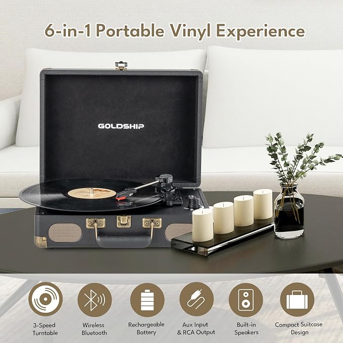Vinyl Record Player 3-Speed Bluetooth Portable Turntable with USB Playback, Rechargeable Battery, Retro Suitcase Design, Aux in/RCA Line Out & Headphone Jack