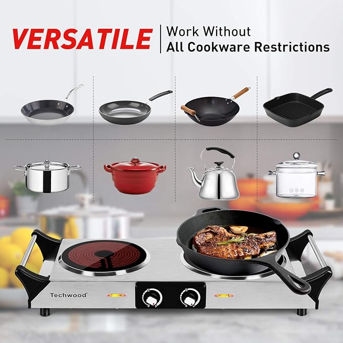 Techwood Electric Stove, Double Infrared Ceramic Hot Plates for Cooking, Two Control Cooktop Burner, Portable Anti-scald handles Suitable for Office/Home/Camp Use, 1800W Compatible for All Cookwares