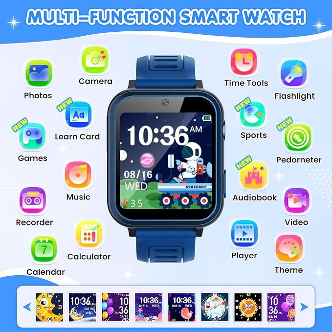 MOFGDNI Smart Watch for Kids with 39 Games Touchscreen Camera Video, Music Player, Pedometer, Calculator, Calendar, Stopwatch, Flashlight, Alarm Clock 12/24 hr, Birthday Gifts Toys for Boys Ages 3-12