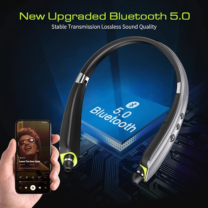 Bluetooth Headset, 2026 Upgraded Neckband Bluetooth Headphones with Retractable Earbuds, Noise Cancelling Stereo Earphones with Mic, Foldable Wireless Headphones for Sports Office w/Carry Case(Grey)