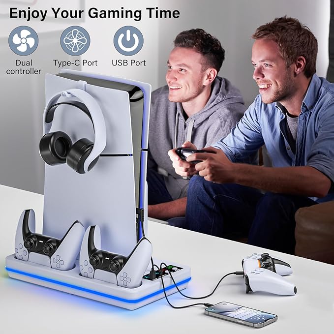 Fegliea PS5/PS5 Slim Stand with Cooling Station, PS5 Cooling Stand with Dual Controller Charging Station for PlayStation 5 Disc & Digital Console, PS5 Accessory with 10 LED Light, 3-Level Cooling Fan