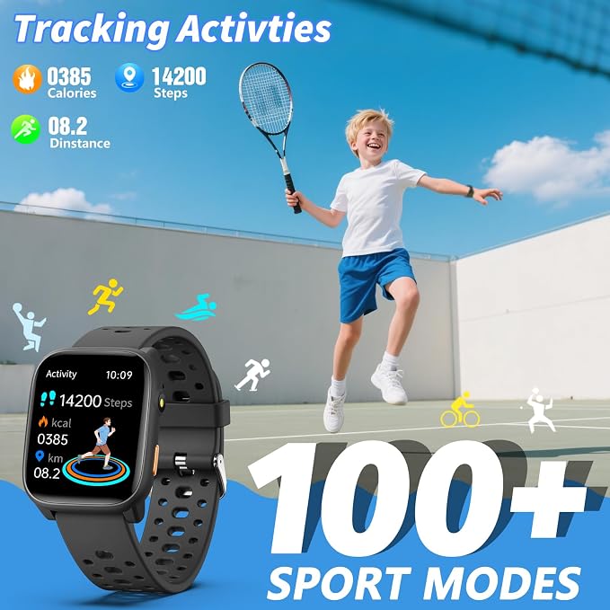 Kids Smart Watch with Puzzle Games, 1.83" Kids Watches Heart Rate, Sleep Monitor, Pedometer, Alarm Clock, Flashlight, Gift for 6-16 Year Old Boys Girls Toys (Black)