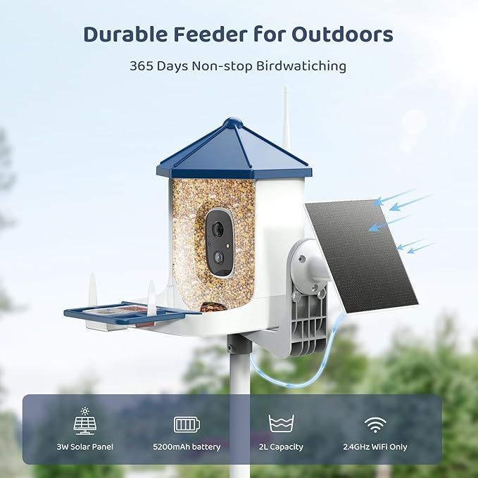 LIWAN Bird Feeder with Camera Solar Powered, 1 Year Trial AI Identify, 2K Live Video, Smart Bird Feeder Camera Wireless Outdoors, 2.4GHZ WiFi, Instant Arrival Alerts, Ideal Gift for BirdLovers