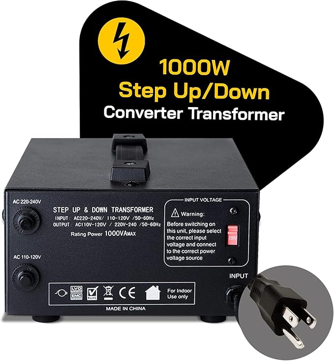 ELC T Series 1000 Watt Voltage Converter Transformer - Step Up/Down - 110v to 220v / 220v to 110v Power Converter - Circuit Breaker Protection, CE Certified [3-Years Warranty]