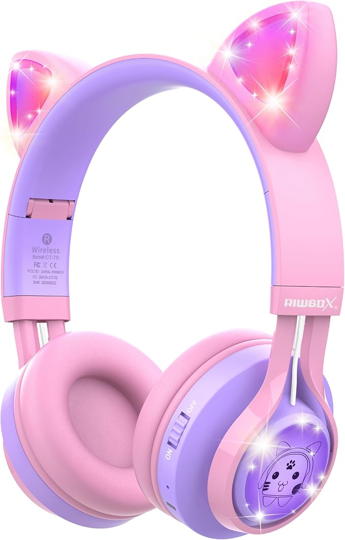 Riwbox Kids Headphones, CT-7S Cat Ear Bluetooth Headphones with LED Light, 85dB Volume Limiting, Over Ear with Microphone for Laptop/PC/TV (Pink&Purple)