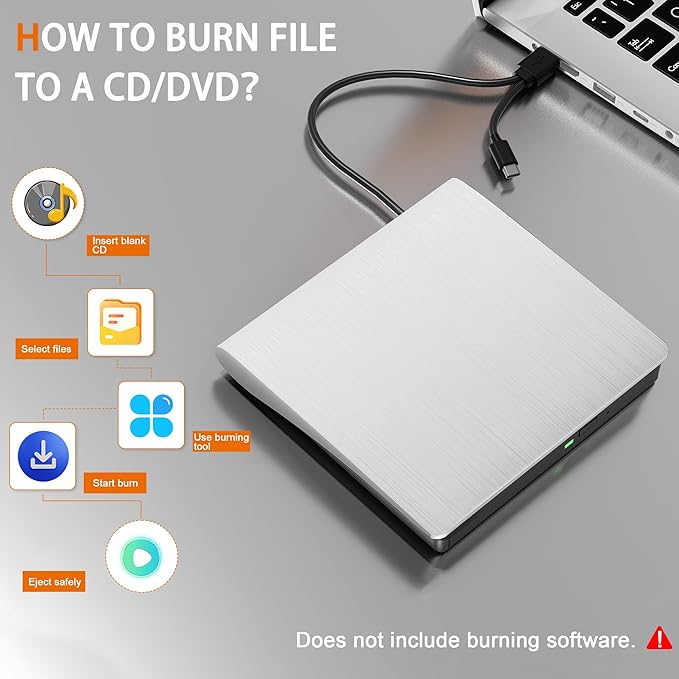 External CD/DVD Drive for Laptop PC CD DVD Player USB 3.0 Portable Optical Drive CD Burner Compatible with Windows 10 11 Linux Mac OS (White)