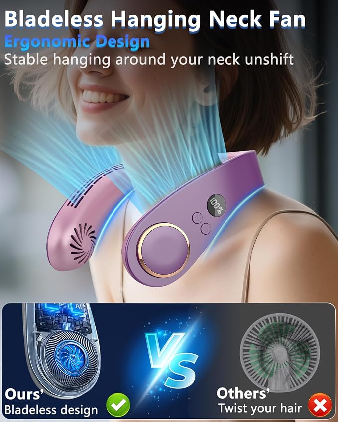 Neck Air Conditioner Portable Rechargeable,5500mah Cooling Neck Fans that Blow Cold Air,Best Cute Cold Piece of Metal Neck Cooler Ac,Noiseless Headphones Personal Cool Unit for Woman Man Kid Purple
