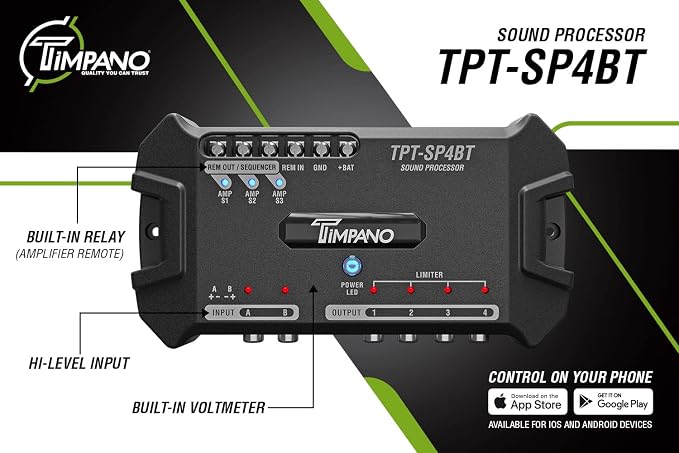 Timpano TPT-SP4BT Bluetooth DSP 4 Output Channel- Full Digital Signal DSP Car Audio Processor - Built-in Voltmeter and Remote Relay