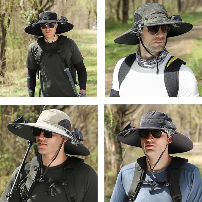 Solar Powered Fan Hat for Men Women Wide Brim Hat with 2 Fans UPF 50+ Outdoor Fishing Beach Sun Hat