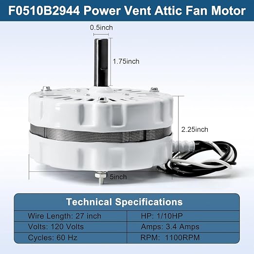 F0510B2944 Attic Roof Power Vent Fan Motor, Replacement for Lomanco Lomancool 2000 & 1800 Series 3.4 Aamps, 1/10HP, 1100RPM Motor, 1 Pack