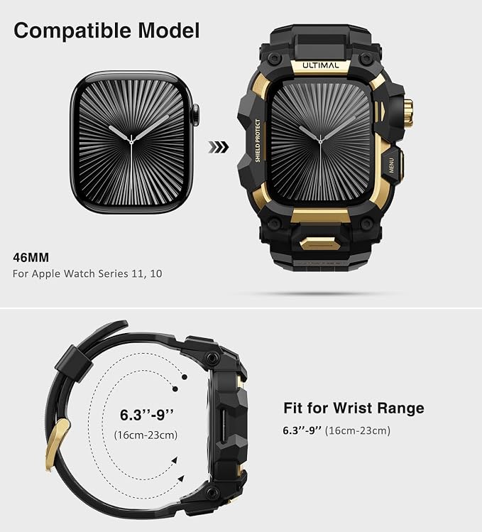 ULTIMAL Rugged Case with Band for Apple Watch 46mm,Compatible with Apple Watch Series 11/10, Military Grade Shockproof Bumper Cover for iWatch Tactical Band Men (46mm,Gold)