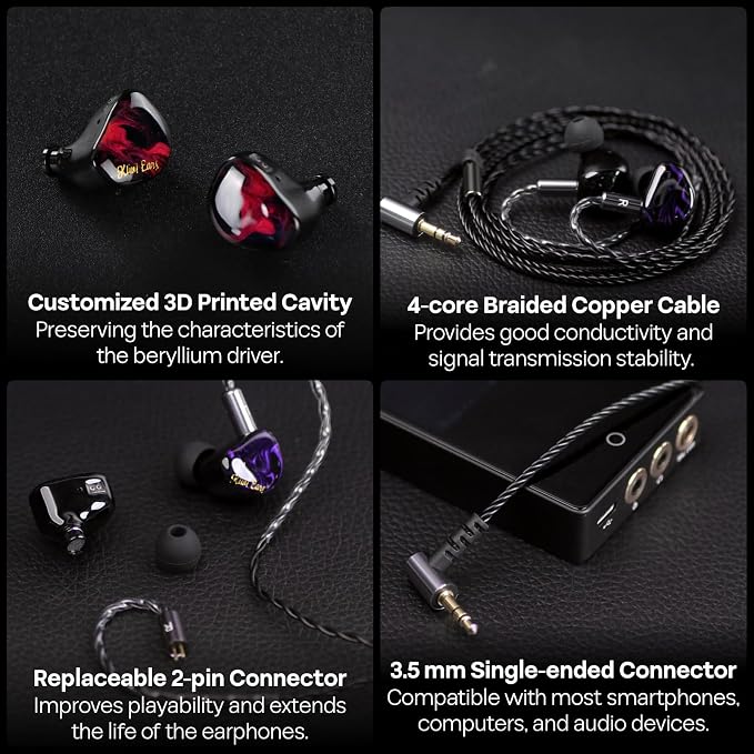 Linsoul Kiwi Ears Cadenza 10mm Beryllium Dynamic Driver IEM 3D Printed with Detachable Interchangeable Plug 0.78 2pin 3.5mm IEM Cable for Musician Audiophile (Red)