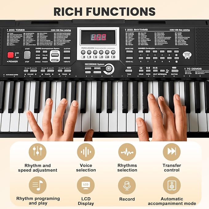 33" 61-Key Electronic Keyboard Piano for Beginners with 200 Tones & Rhythms, Microphone, Learning Features, and Piano Note Stickers, Digital Music Keyboard for Adults