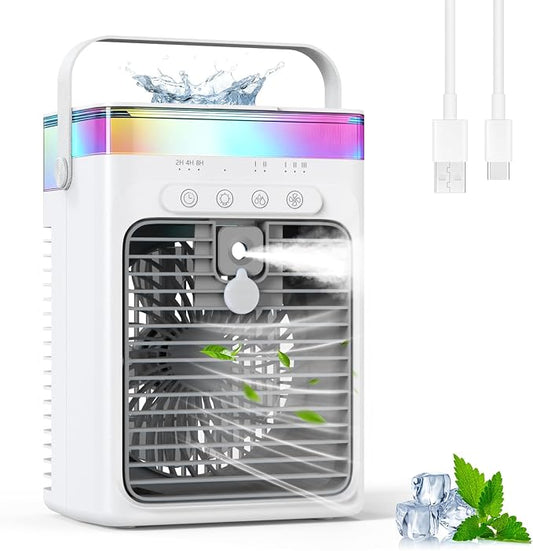 Portable Air Conditioner, 3-in-1 Evaporative Air Cooler with 3 Speeds & 2 Mist Modes, 1000ml Personal Mini AC Unit, USB Powered Small Cooler with RGB Light & Timer for Bedroom Office Desk (Grey)