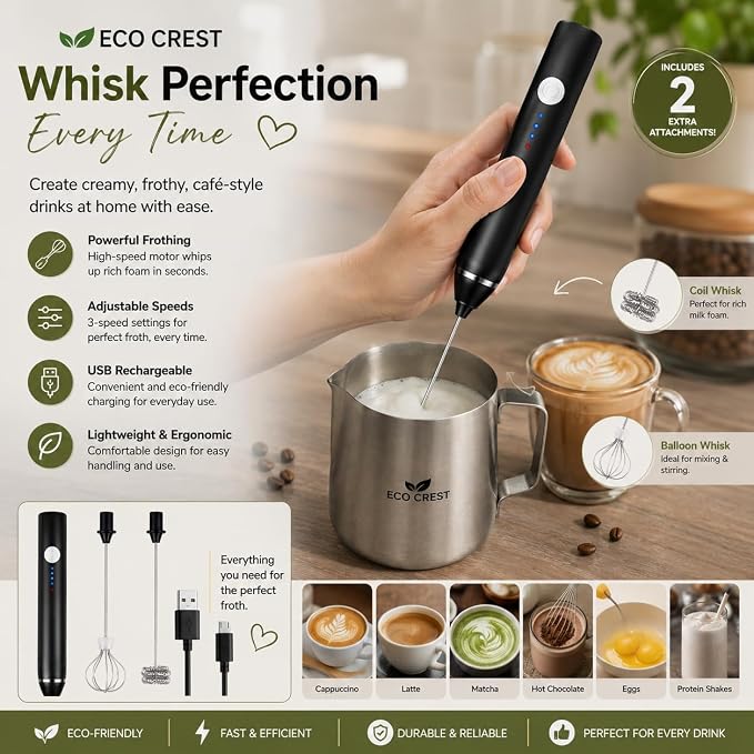 ECO CREST-Premium Whisk Milk Frother – Handheld Electric Coffee Frother with Adjustable Speed | ABS + Stainless Steel Build, 1200mAh Rechargeable Battery