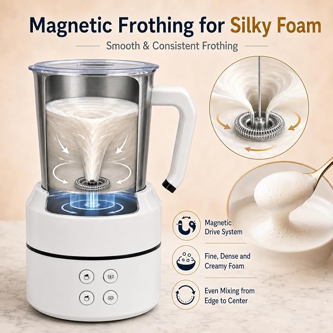 Electric Milk Frother 8.5oz, 4-in-1 Automatic Milk Steamer for Coffee, Latte, Cappuccino, Detachable Stainless Steel Cup, Dishwasher Safe, Magnetic Whisk, Precise Spout for Latte Art, (White)