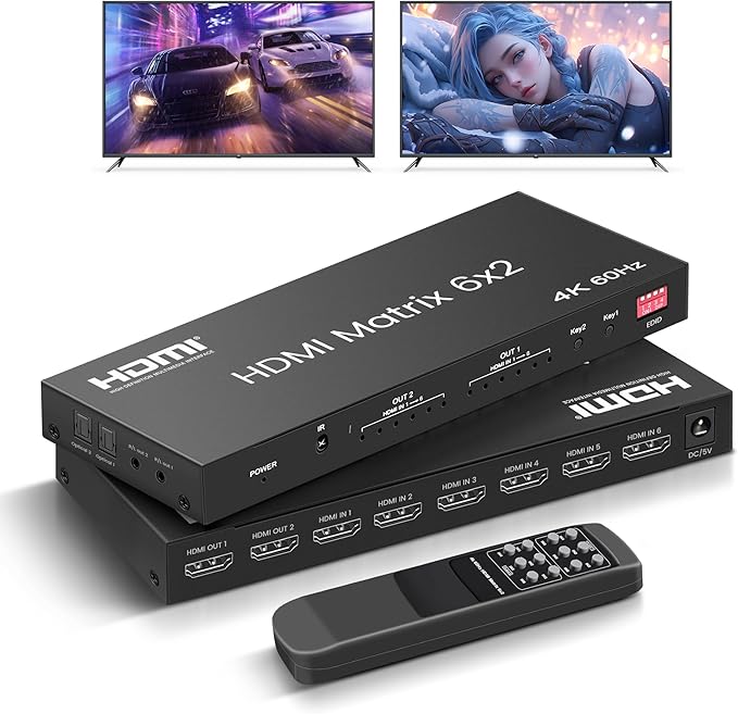 HDMI Matrix Switch 6 in 2 Out, 4K@60Hz HDMI Switch with IR Remote, Optical & 3.5mm Audio Output, 6x2 HDMI Switcher Audio Extractor Support HDMI 2.0, HDCP 2.2, 3D, Auto Downscal for PS5/4, Fire Stick