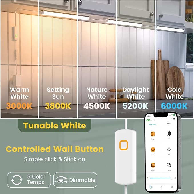 Under Cabinet Led Light Plug in, 6 PCS 12” Under Cabinet Lighting, 5 Color Temprature Bright Led, App Control and Dimmable 1340 Lm, Under Counter Lights for Kitchen,Cabinet, Counter,Workbench, Desk