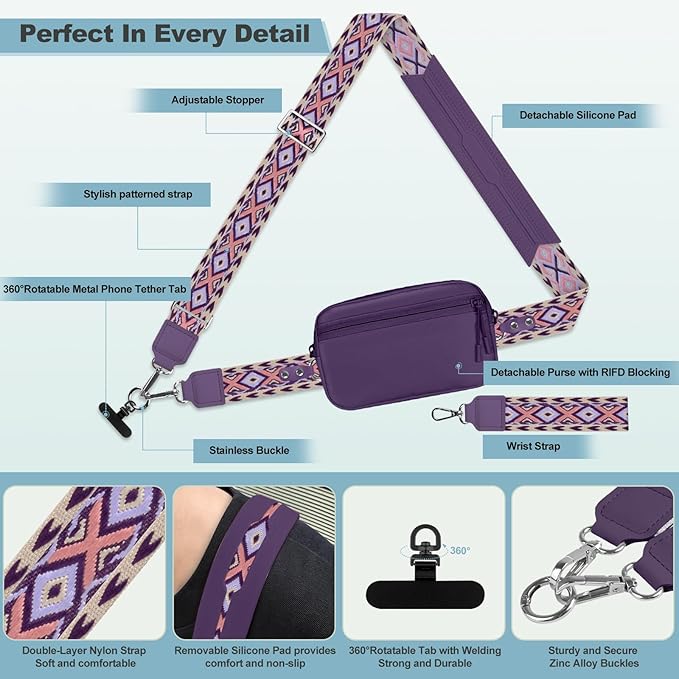 YFWE Clip and Go Strap for Phone with Wallet Crossbody, Adjustable Phone Lanyard with Detachable RFID Wristlet Wallet, Pattern Strap - Dark Purple (L)