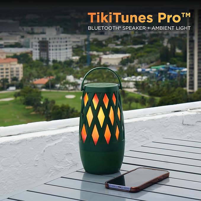 Limitless TikiTunes Pro Portable Bluetooth 10-Watt Speaker with 3-Mode LED Flame Light, Pair up to 100 Speakers, 4000 mAh Battery for iPhone/iPad/Android (Forest Green)