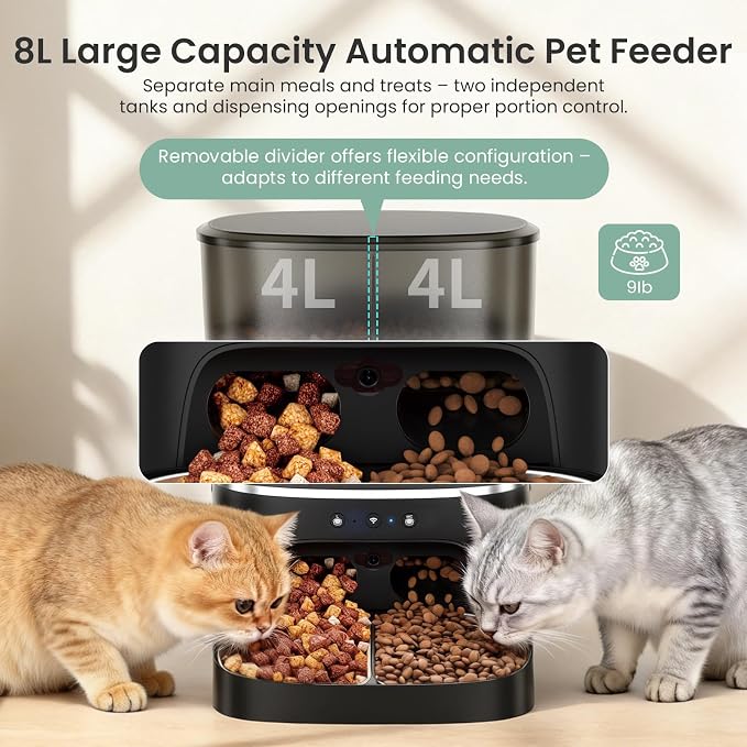 Automatic Cat Feeder 5G/2.4GHz Dual-Band WiFi Built-in HD Camera & Night Vision Two-Way Audio Calling APP Remote Control | Up to 10 Timed Feedings Per Day 8L Capacity Washable Parts (Black)