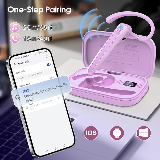 Bluetooth Headset V5.3, Wireless Headset with ENC Noise Canceling Mic, 120Hrs Talk Single-Ear Bluetooth Earpiece, LED Display, IP7 Waterproof Hand-Free Earphone for Business/Trucker/Driver, Purple