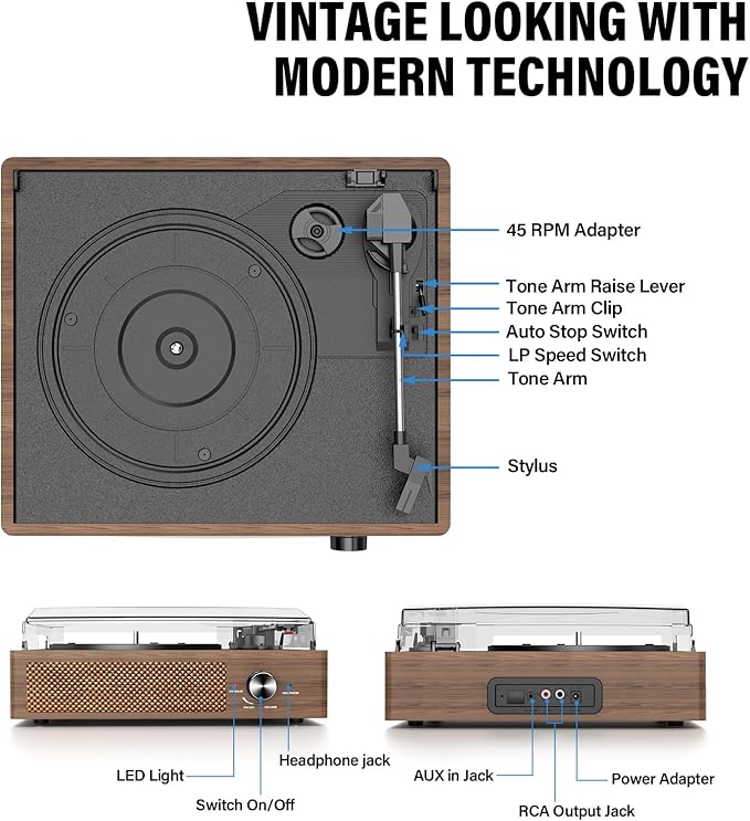 Vinyl Record Player Turntable with Built-in Bluetooth Receiver & 2 Stereo Speakers, 3 Speed 3 Size Portable Retro Record Player for Entertainment and Home Decoration