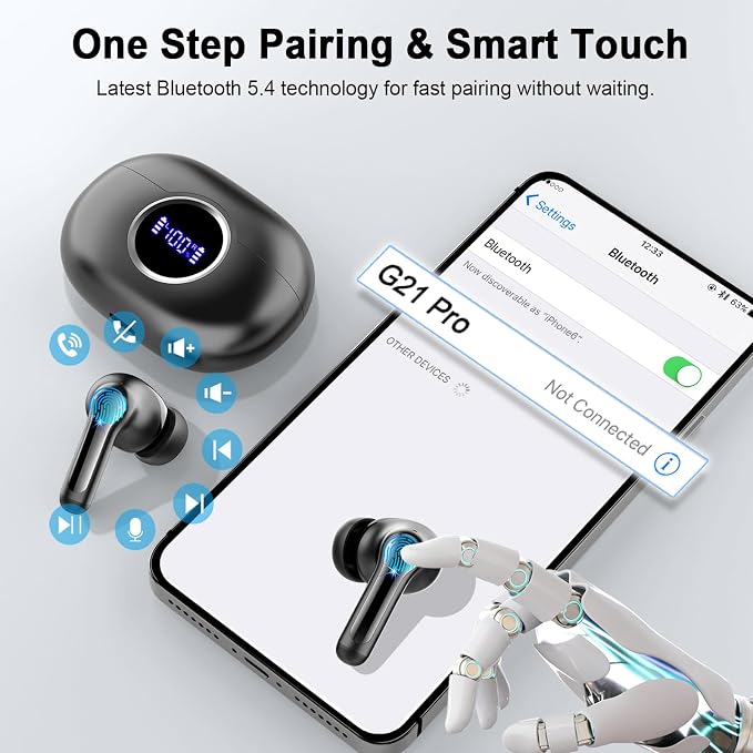 Wireless Earbuds, 2026 Bass-3.0 Bluetooth 5.4 Headphones 3D-Stereo Ear Buds, 4 ENC Noise Cancelling Mic, 40+Hrs USB-C in-Ear Earphones, IP-X7 Waterproof Sport Workout Gym for Laptop Pad Android iOS