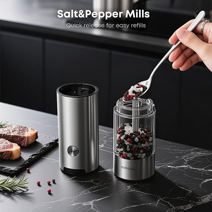 2 Pack Electric Salt Pepper Grinder, One Hand LED Ceramic Burr Adjustable Grind Kitchen Gift