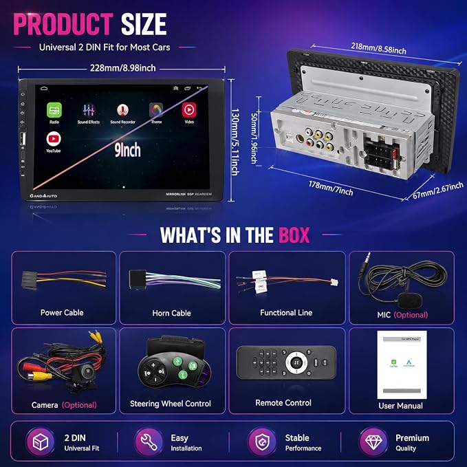9 Inch Single DIN Car Stereo with Wireless Apple CarPlay Android Auto, Car Radio, 9" IPS Capacitance Touchscreen, Bluetooth 5.2, FM Receiver, Backup Camera,USB/Type-C, subwoofer, Apple Car Play