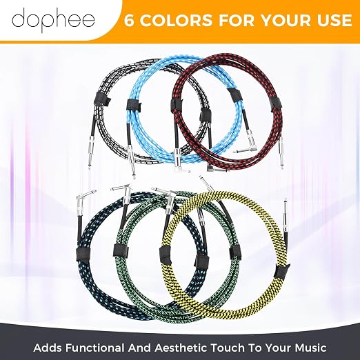 dophee 6 Pack 10ft Guitar Cable, 1/4" TS Port Instrument Bass AMP Cord for Electric Mandolin Piano Keyboard Mixer Amplifier Speaker Pro Audio (Right Angle to Straight, Multicolored)