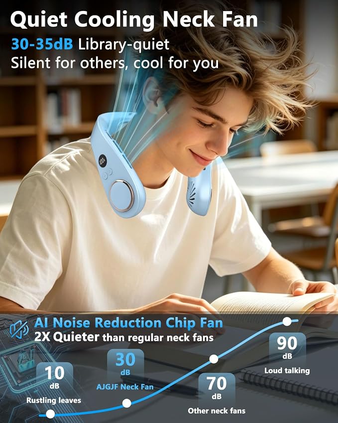 AJGJF Neck Fan Air Conditioner,Whisper Quiet Operation, 5500mAh Battery Powered,5 Speeds, 3 Cooling, LED Display Power & Gear, No Hair Twisting, USB-C Portable Neck AC for Home Office Outside