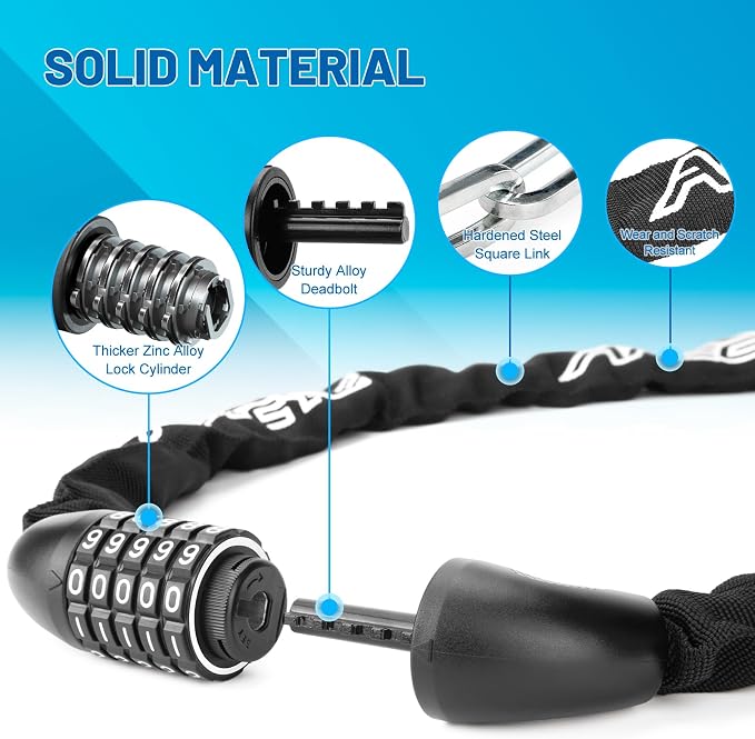 APECYC Bike Lock Heavy Duty Anti Theft, 3/4/5/6FT Bike Chain Lock with 5 Digit Resettable Combination, Bicycle Lock for E Bike, Scooter & Motorcycle, Cut Resistant Security Chain with Protective Cover