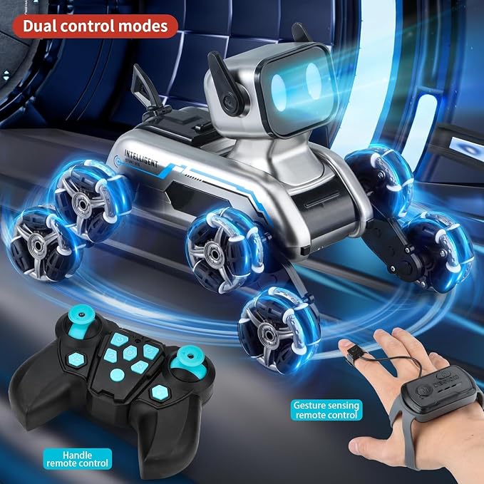 Robot Dog, RC Stunt Car for Kids Adults, 8WD Eight Wheeled Stunt Robots Dog with LED Eyes and Music, Gesture Sensing & 2.4Ghz Remote Control Cars, Rechargeable Indoor Outdoor Toy Gift for Kids 6-12