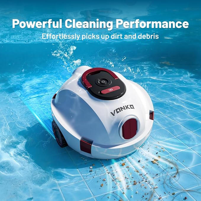 VONKO P10 Pool Vacuum for Above Ground Pool, Cordless Robotic Pool Cleaner and Above Ground Pool Vacuum, Automatic Pool Vacuum with 100-Min Runtime, Self-Parking,White