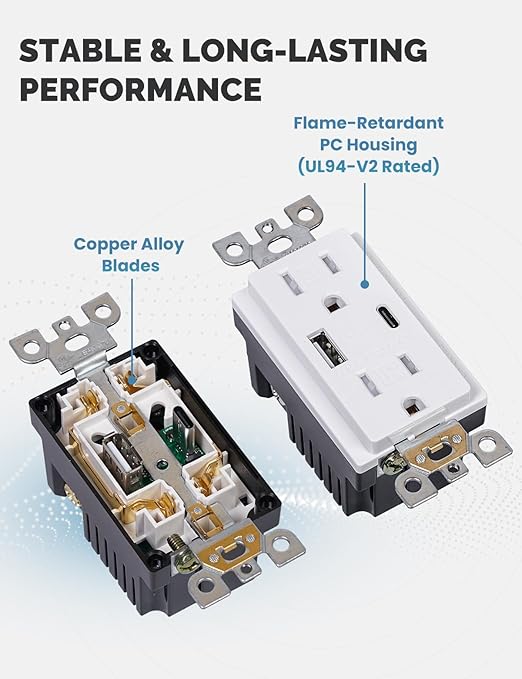MOES USB Outlets(UL Certified), Type-C & USB-A Ports, 5VDC 4.8A Fast Charging 24W, Tamper-Resistant, Standard US Wall Box Compatible, Screwless Wall Plate Included, 15Amp White 1 Pack