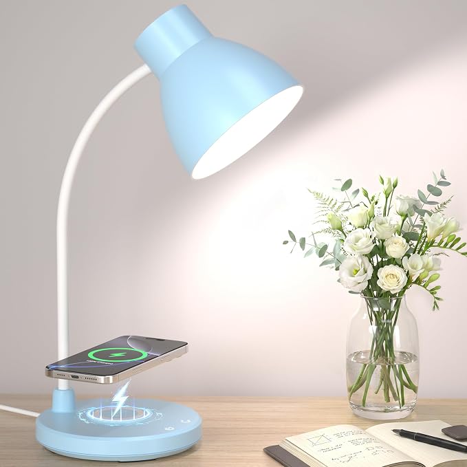 Desk Lamps for Home Office - LED Desk Lamp with Wireless Charger, 3 Color Modes Dimmable Eye-Caring Study Reading Desk Light, Small Flexible Arm Table Lamp for College Dorm Room Bedside, Blue