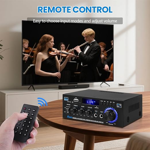 Bluetooth 5.0 Audio Amplifier Receivers-AK45 HiFi Stereo Mini Power Amplifier RMS 40W x 2 Max. 600W 2.0 Channel Home Theater Audio Components Speakers Amp W/MIC,USB, RCA,FM Radio