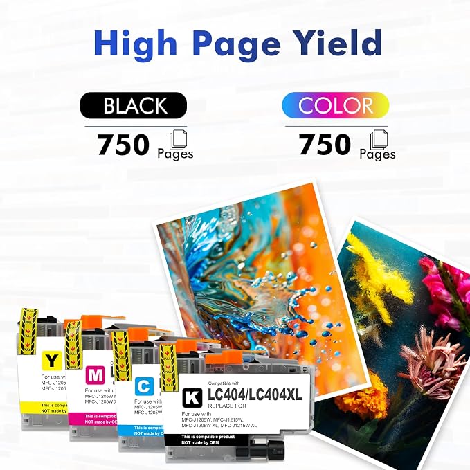 LC404 MFC-J1205W LC404XL Ink Cartridges for Brother Printer 404XL LC 404 XL for MFC-J1205W MFC-J1215W MFC J1205W J1215W - 4 Pack High Yields Black Cyan Magenta Yellow