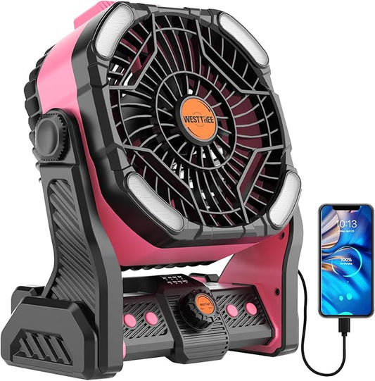 WESTTREE 20000mAh Battery powered fan Camping essentials,Portable fan Battery Operated Rechargeable Tent Fan with Light & Hook X26A Pink