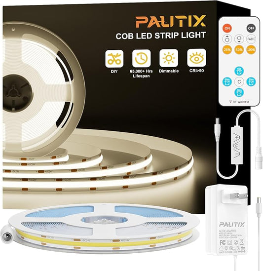 PAUTIX COB LED Strip Lights,UL Listed Dotless LED Lights with RF Remote,16.4ft Natural White 4000K Super Bright Dimmable Flexible Diffused LED Tape Light,Kitchen Cabinet,Office,Stairs,Shelf Lighting