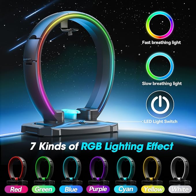 KDD Headset Stand with Charging Station & RGB Headphone Controller Stand with Cable Organizer
