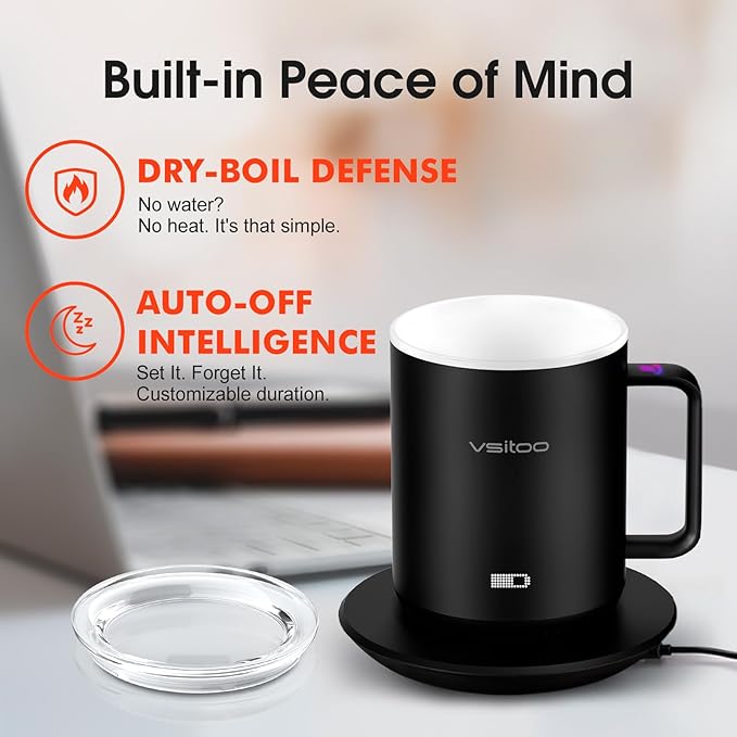 Vsitoo S3 12oz Heated Espresso Mug, Smart Self Heating Coffee Mug for Espresso Lovers, AI Auto-Sensing Temperature Control 120-150℉, Rechargeable Mug Warmer, 316 SS IPX7, Gift for Women Men, White