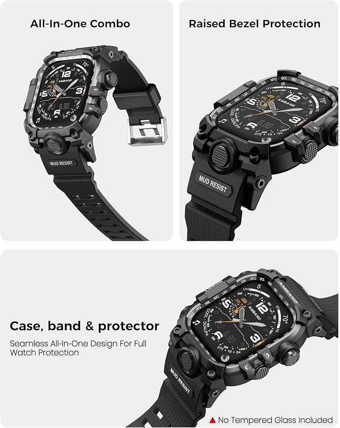 amBand Rugged Case with Band for Apple Watch 46mm, Compatible with Apple Watch (iWatch) Series 10 11, Military Grade Shockproof Bumper Cover, Tactical Band for Men, Matte Black