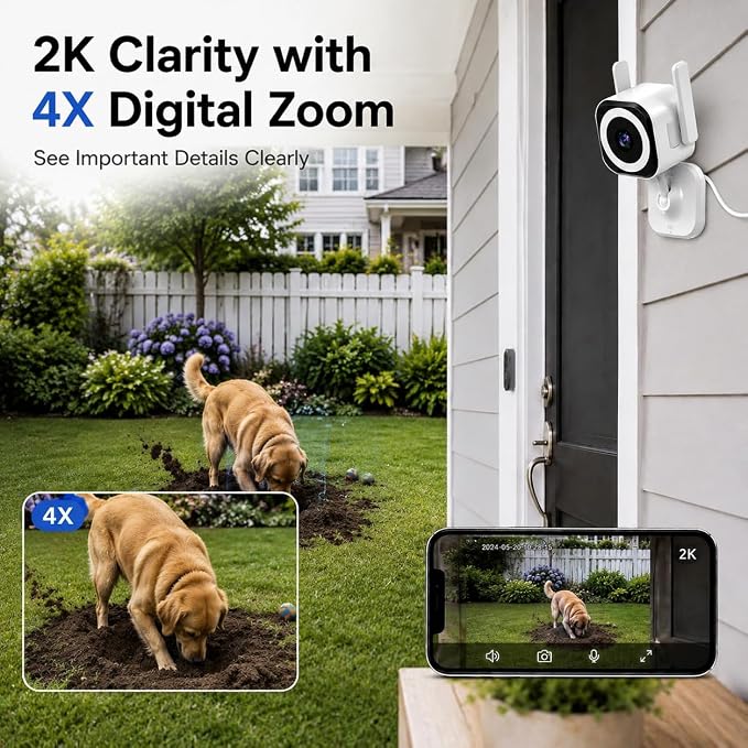2K Cameras for Home Security, 5G/2.4G WiFi Indoor Outdoor Security Camera for Dog/Pet/Baby/Elderly, Plug-in, Color Night Vision, 4X Zoom, 2-Way Audio, IP66, SD/Cloud - 2Pack