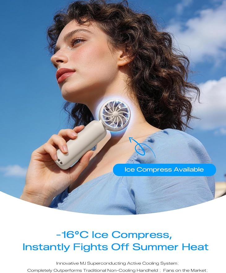 MAGIC JOHN Portable Handheld Turbo Fan with Ice Cooling, Rechargeable Personal Fan, 199 Speed Powerful Portable Fan for Travel, Outdoor, Camping, Hiking, White