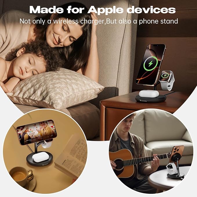 3 in 1 Charging Station for Apple,Fast Magnetic Wireless Charger for Multiple Devices iPhone 16/15/14/13/12,for Airpods and Apple Watch Magsafe Charging Dock Stand